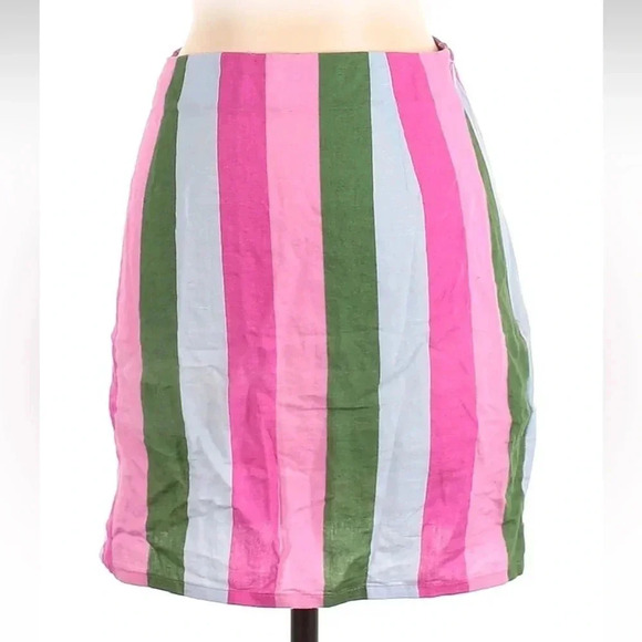 Zara Pink Green White Striped Linen Cotton Blend Zipper Mini Skirt Size XS - Picture 2 of 8